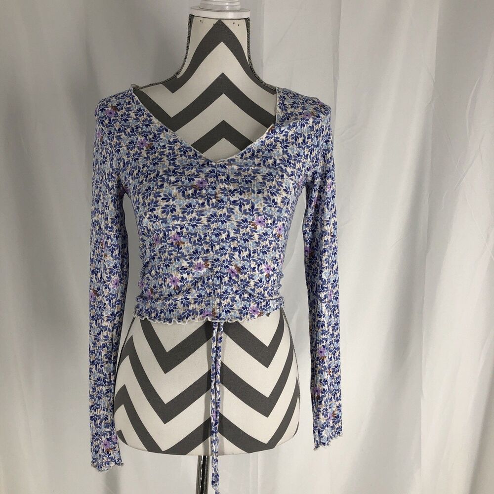 Antistar Long Sleeve Floral Cropped Top Small Blue
